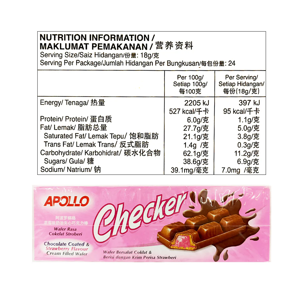 Apollo Checker Chocolate Coated And Strawberry Cream Filled Wafer 18g x 24's - Image 2