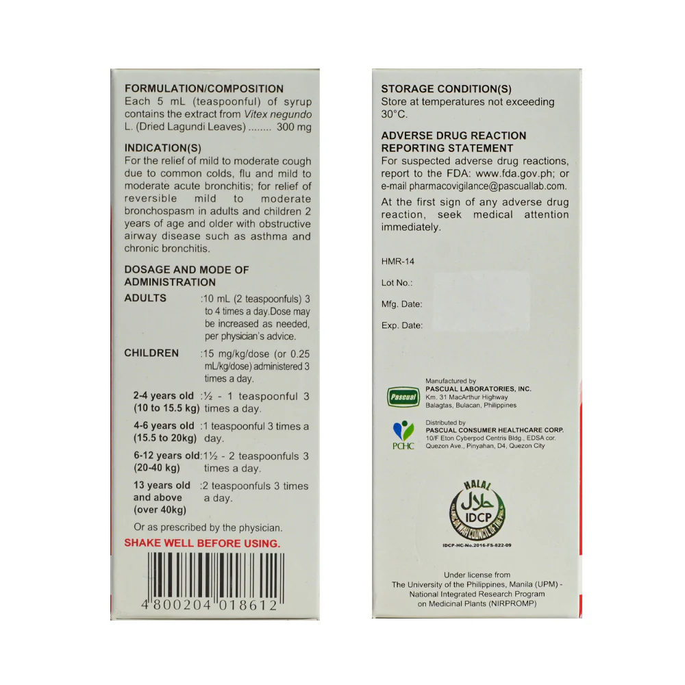 Ascof Lagundi Ponkan 300mg/5ml Syrup 60ml - Image 2