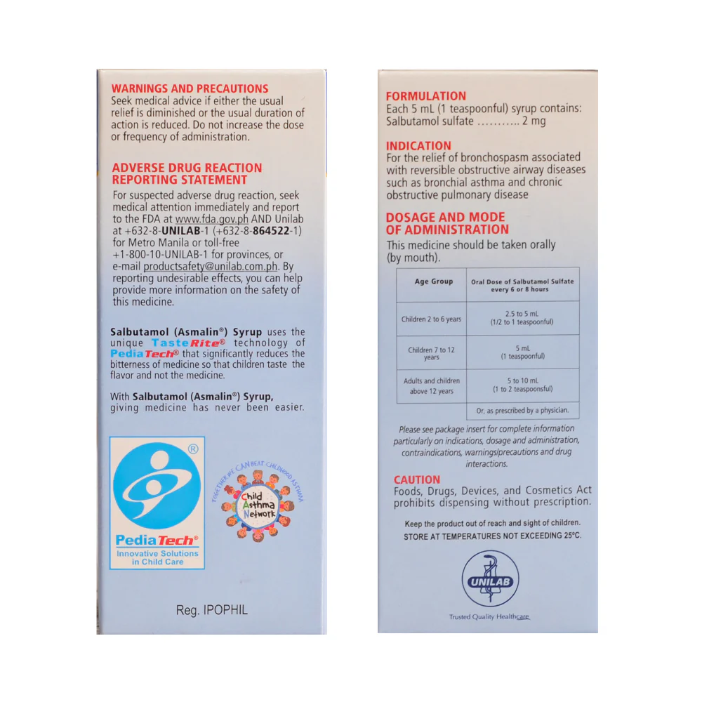 Asmalin Salbutamol 2mg/5ml Syrup 60ml - Image 3