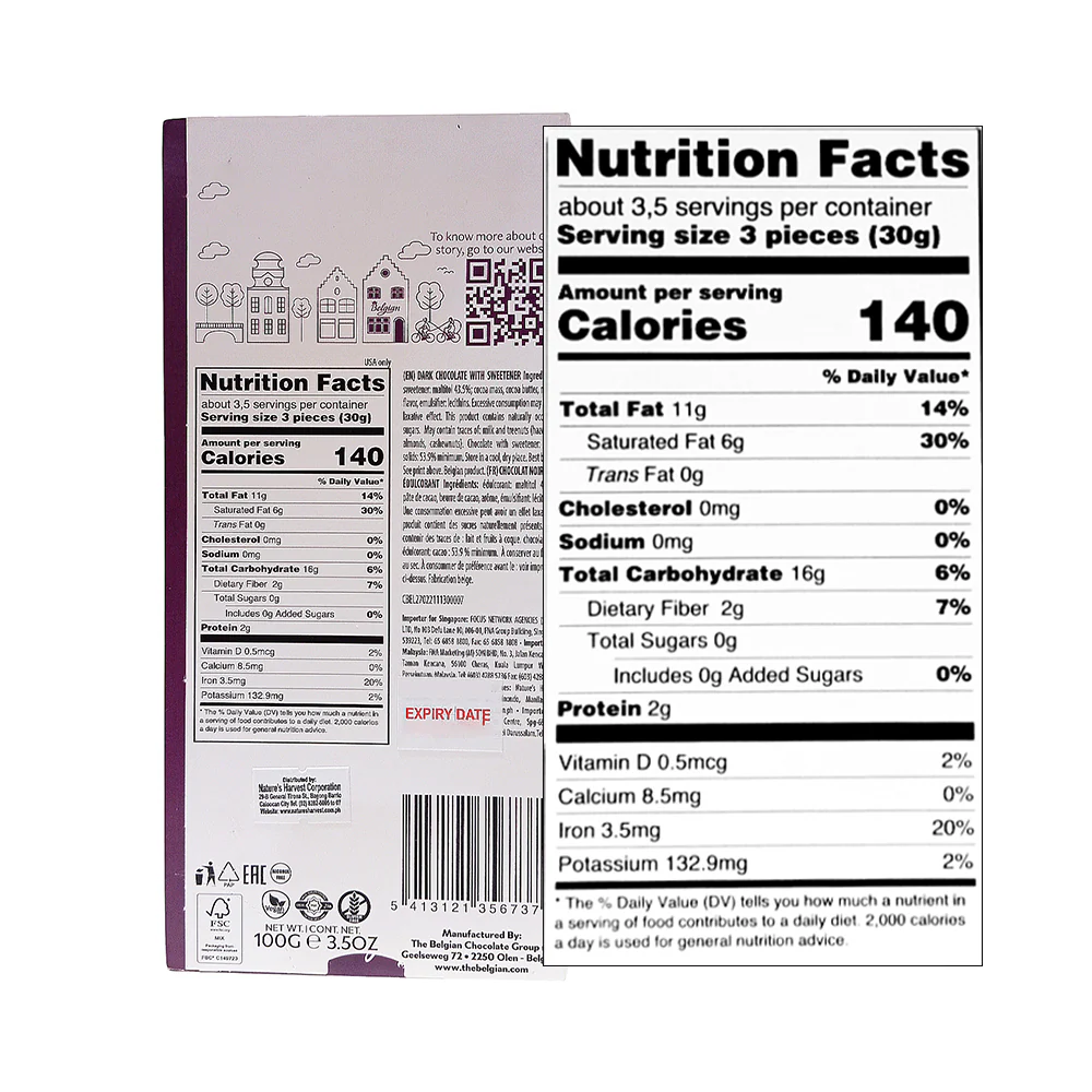 Belgian Chocolates No Sugar Added Dark Chocolate 100g - Image 3