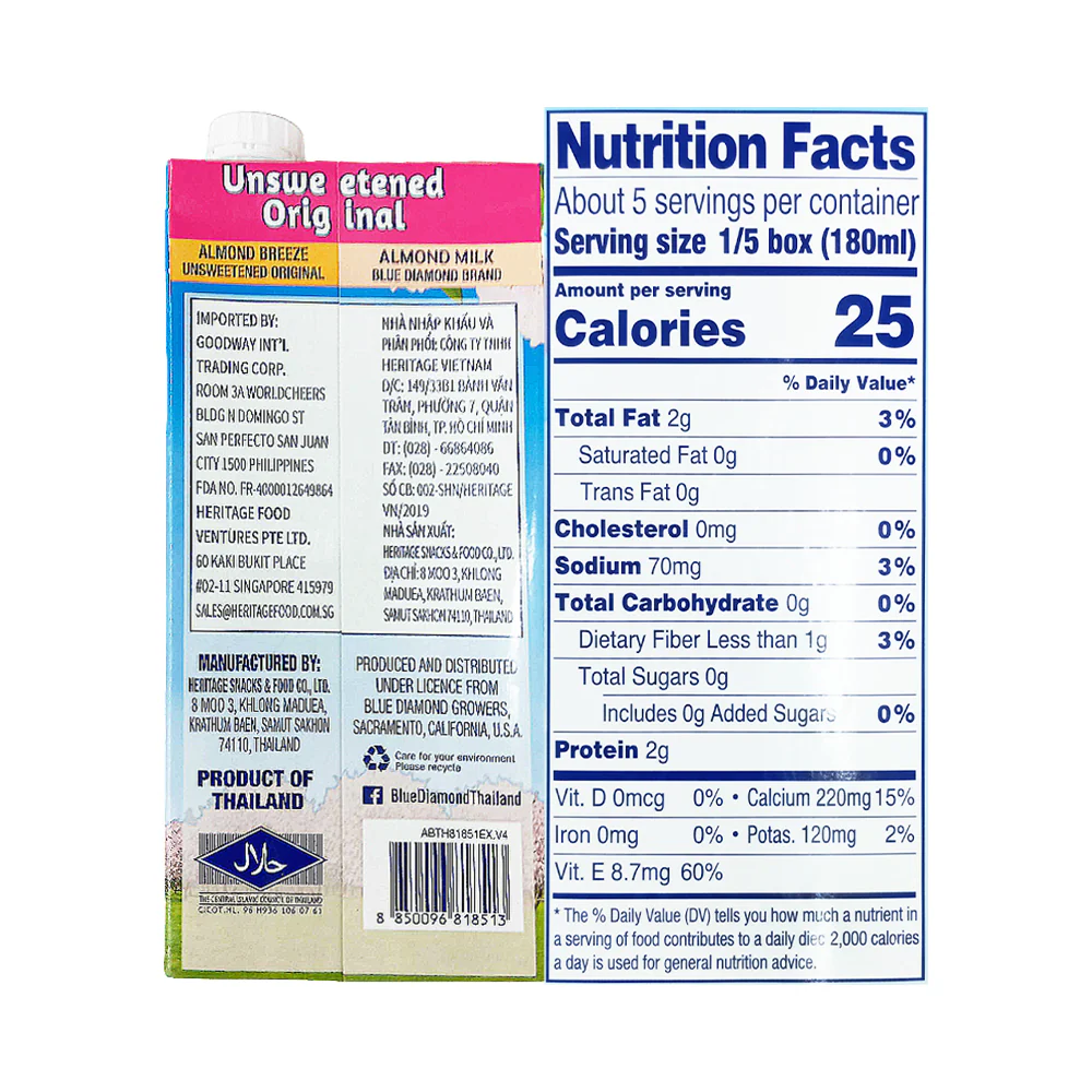 Blue Diamond Almond Breeze Unsweetened Original 946ml (32oz) - Image 2