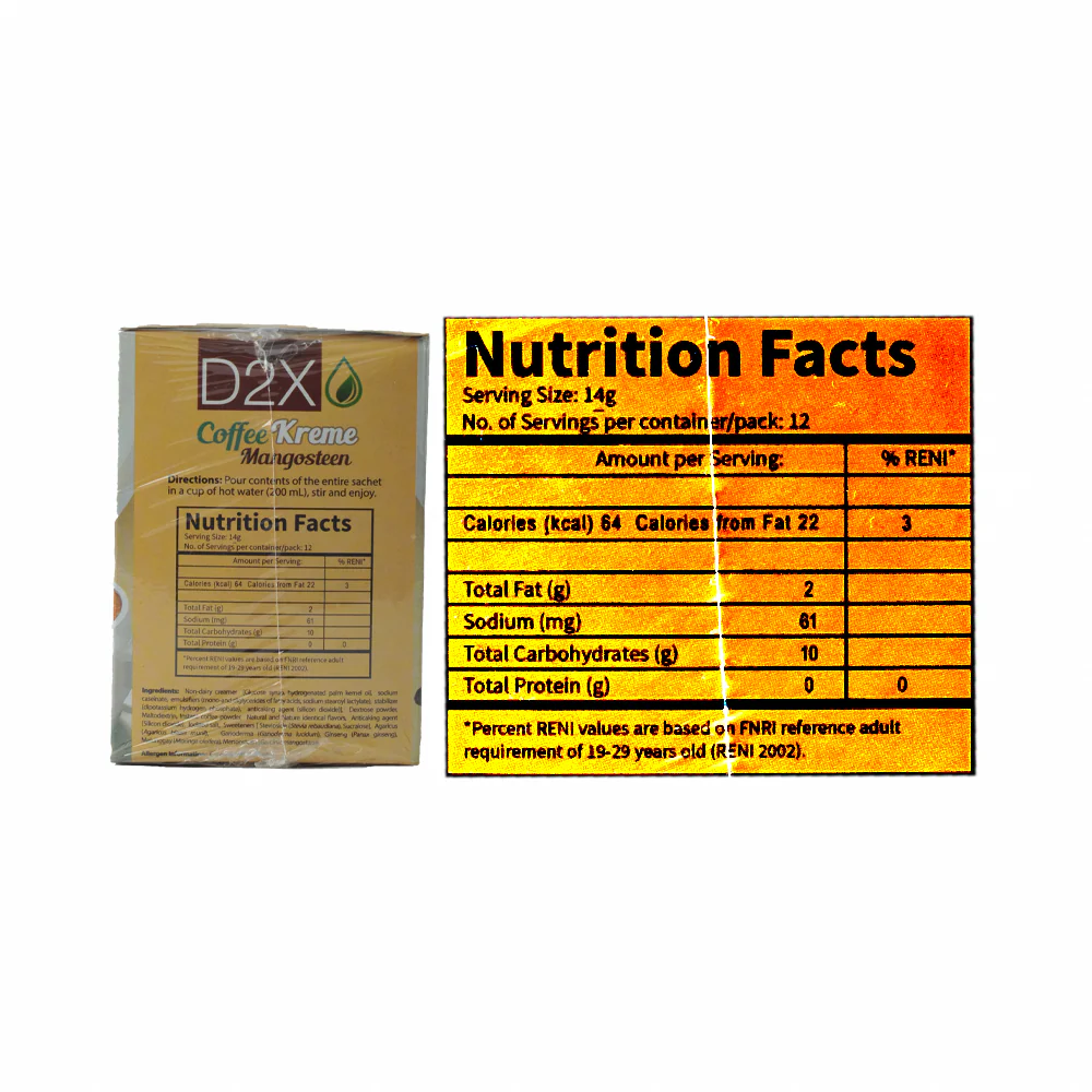 D2X Coffee Kreme Mangosteen With Naturally Stevia 14g x 12 Sachets - Image 2
