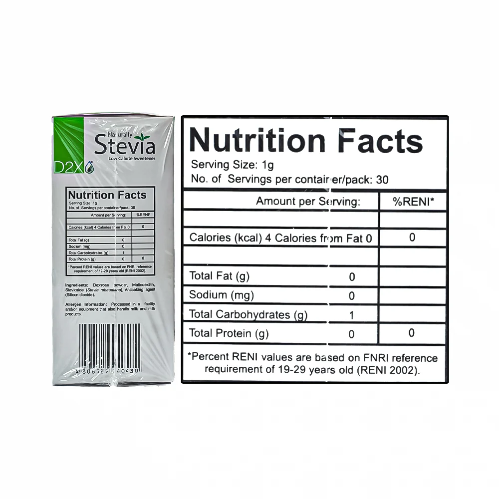 D2X Naturally Stevia Low Calorie Sweetener 1g x 30 Packets - Image 3