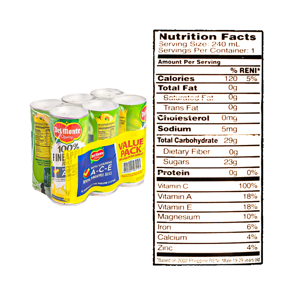 Del Monte 100% Pineapple Juice With Vitamins A-C-E (202) 220ml x 6's - Image 3