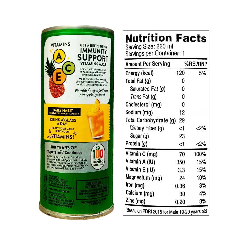 Del Monte 100% Pineapple Juice With Vitamins ACE 220ml - Image 2