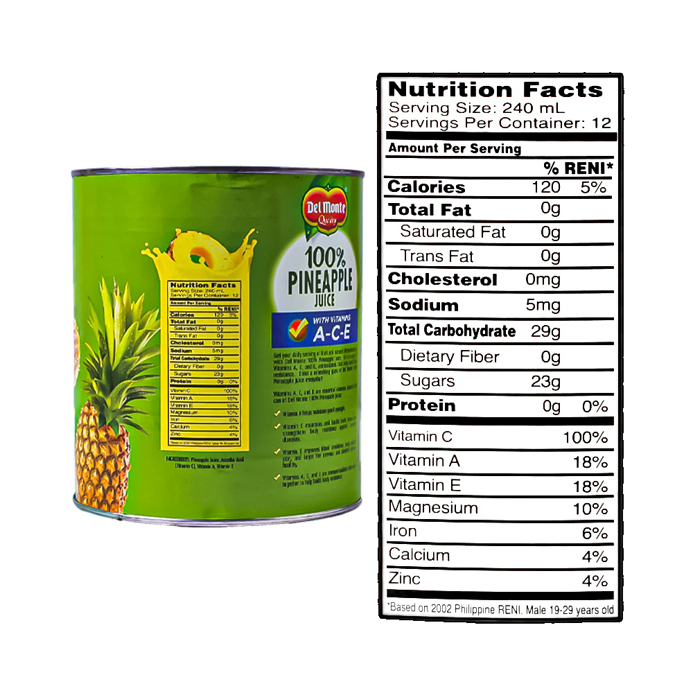 Del Monte 100% Unsweetened Pineapple Juice With Vit Ace 2.90L #10 - Image 3