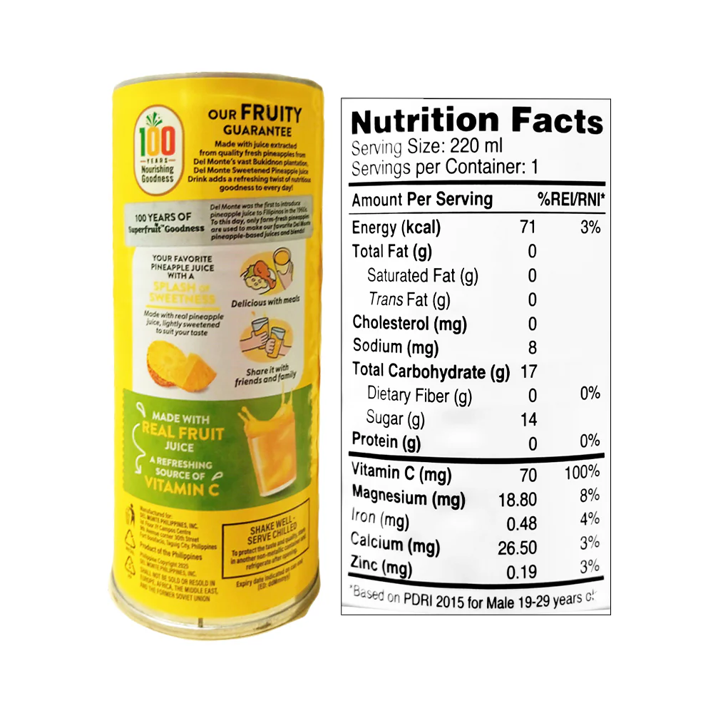 Del Monte Sweetened Juice Drink Pineapple 220ml - Image 2