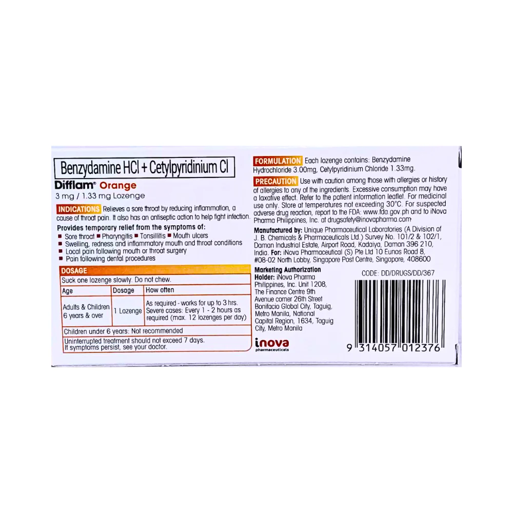 Difflam Orange 3mg/1.33mg Lozenges by 8's - Image 2