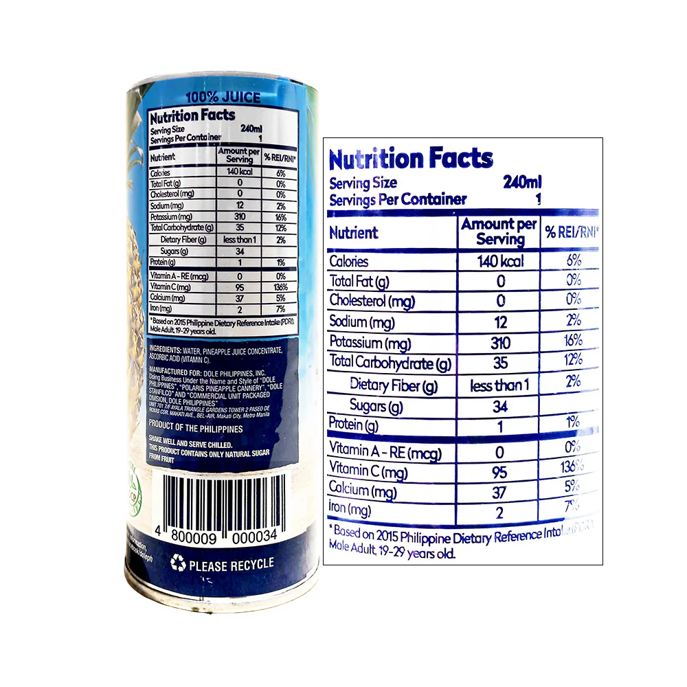 Dole 100% Pineapple Juice Drink Unsweetened 240ml - Image 2