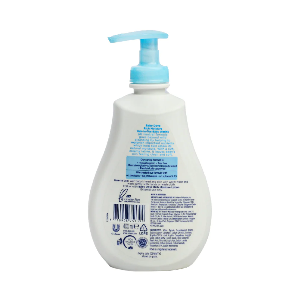 Dove Hair To Toe Baby Wash Rich Moisture 400ml - Image 2