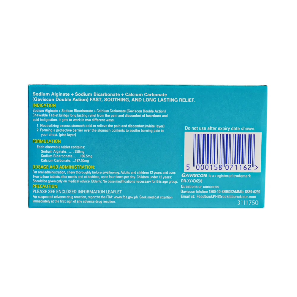 Gaviscon Double Action 250mg/106.5mg/187.5mg Tablet by 8's - Image 2