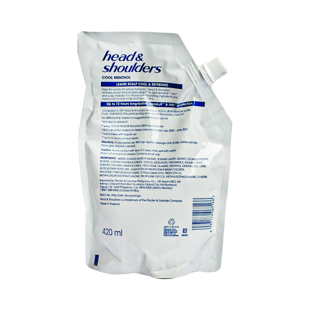 Head & Shoulders Anti-Dandruff Shampoo Cool Menthol Refill Pack 420ml - Image 2