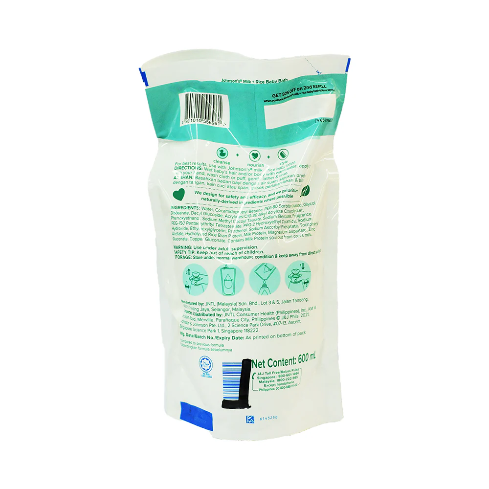 Johnson's Baby Bath Milk + Rice Refill 600ml x 2's - Image 3