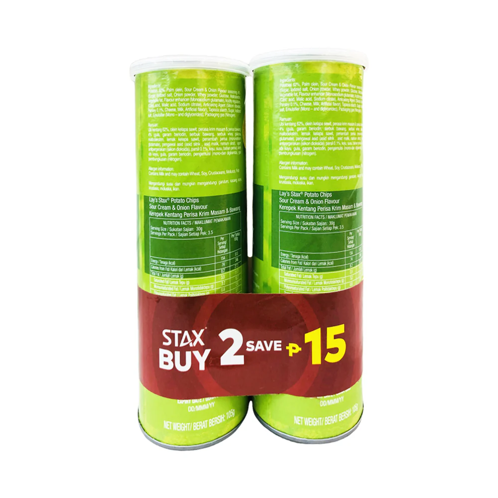 Lay's Stax Potato Chips Sour Cream And Onion 105g x 2's - Image 2