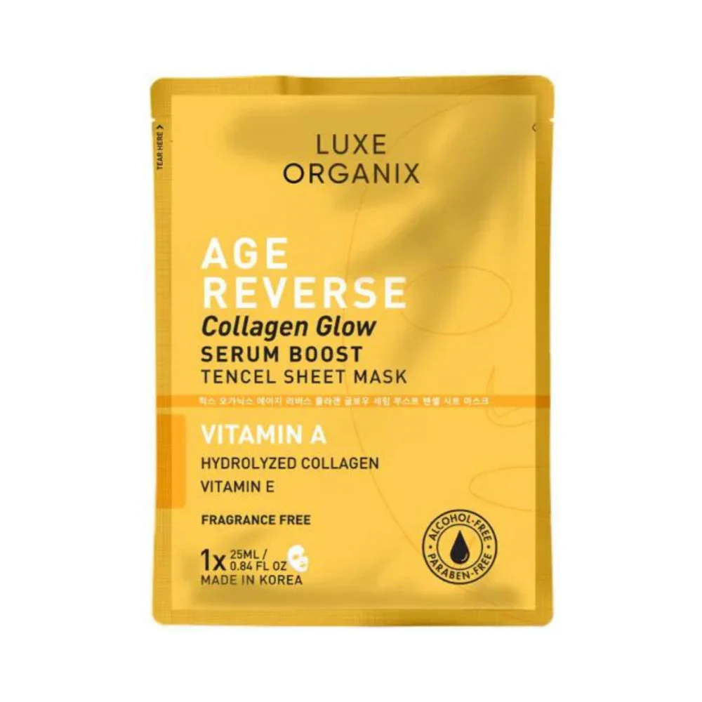 Luxe Organix Age Reverse Collagen Glow Serum Boost Tencel Sheet Mask 25ml - Image 2
