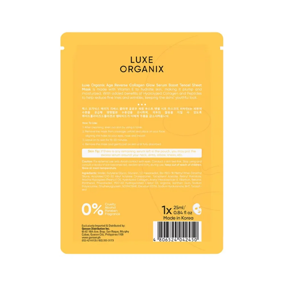Luxe Organix Age Reverse Collagen Glow Serum Boost Tencel Sheet Mask 25ml - Image 3