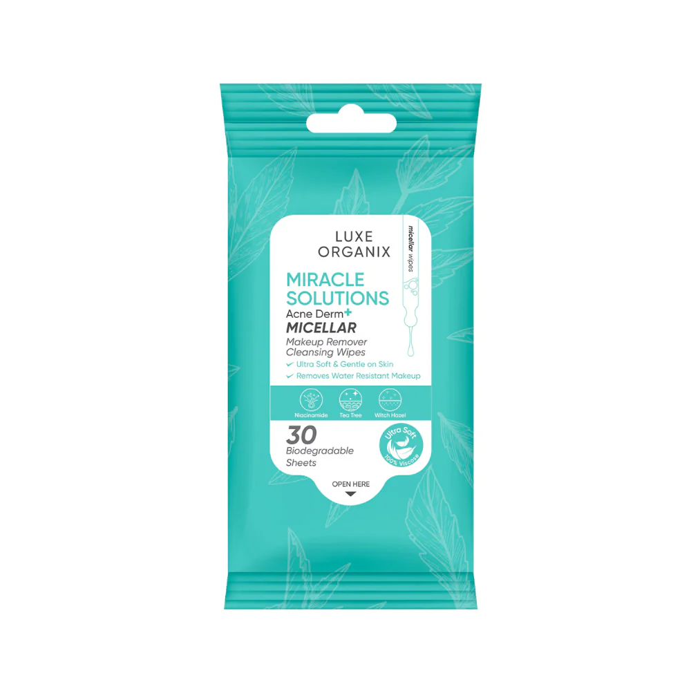 Luxe Organix Miracle Solutions Acne Derm+Micellar Make-Up Remover Cleansing Wipes 30's - Image 2