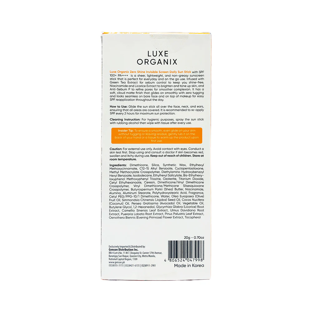 Luxe Organix Zero Shine Invisible Screen Daily Sun Stick SPF 50+ PA++++ 20g - Image 3