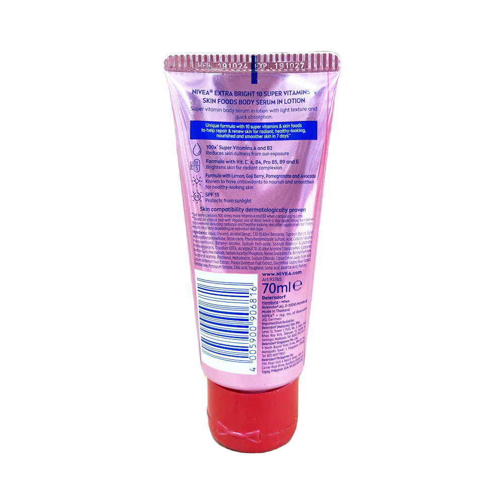 Nivea Extra Bright 10 Super Vitamins & Skin Foods Body Serum Lotion SPF 15 70ml - Image 2
