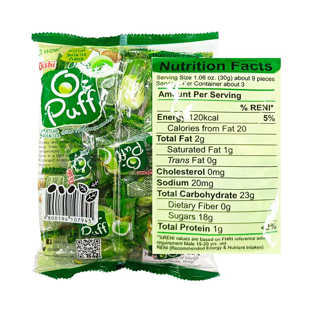 Oishi O Puff Cream Filled Marshmallow Matcha Green Tea 3.5g 24s - Image 2