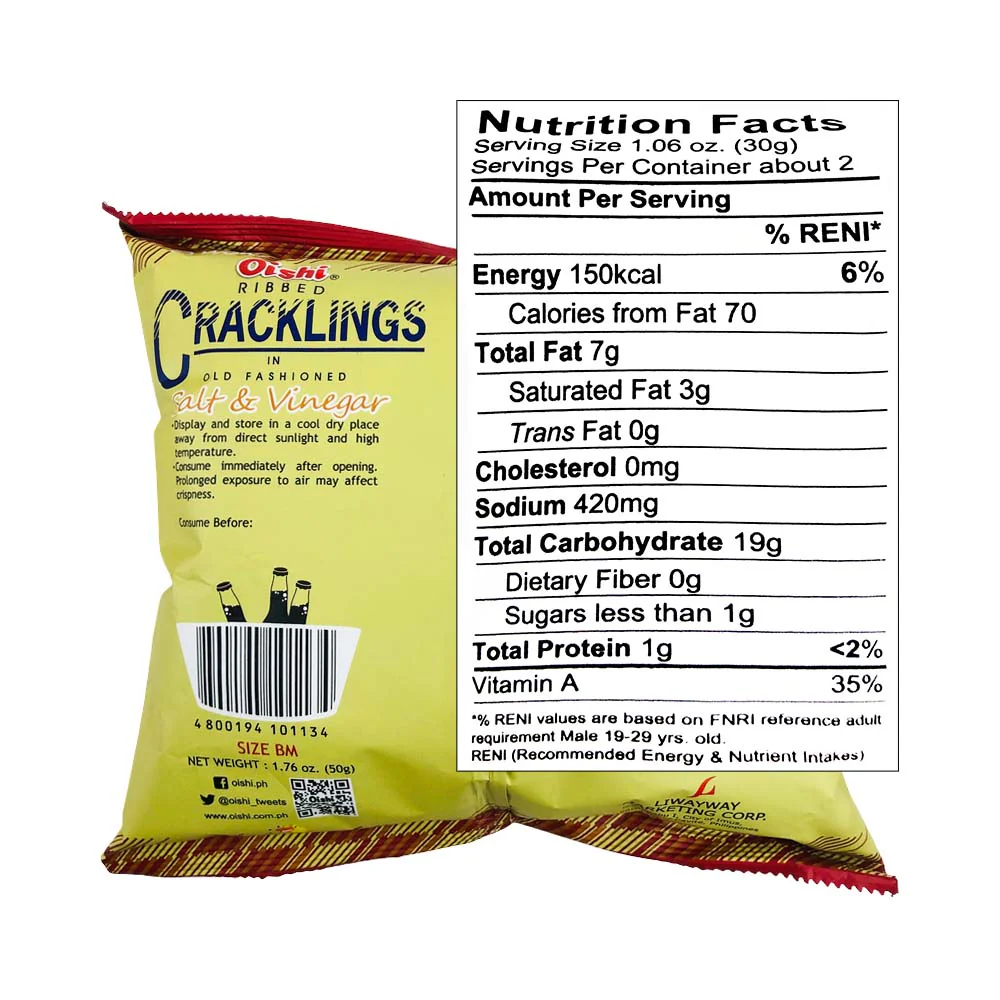 Oishi Ribbed Cracklings Salt And Vinegar 50g - Image 2