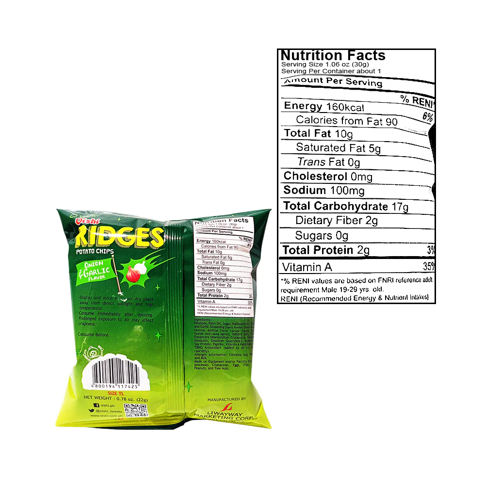 Oishi Ridges Potato Chips Onion And Garlic 22g - Image 2