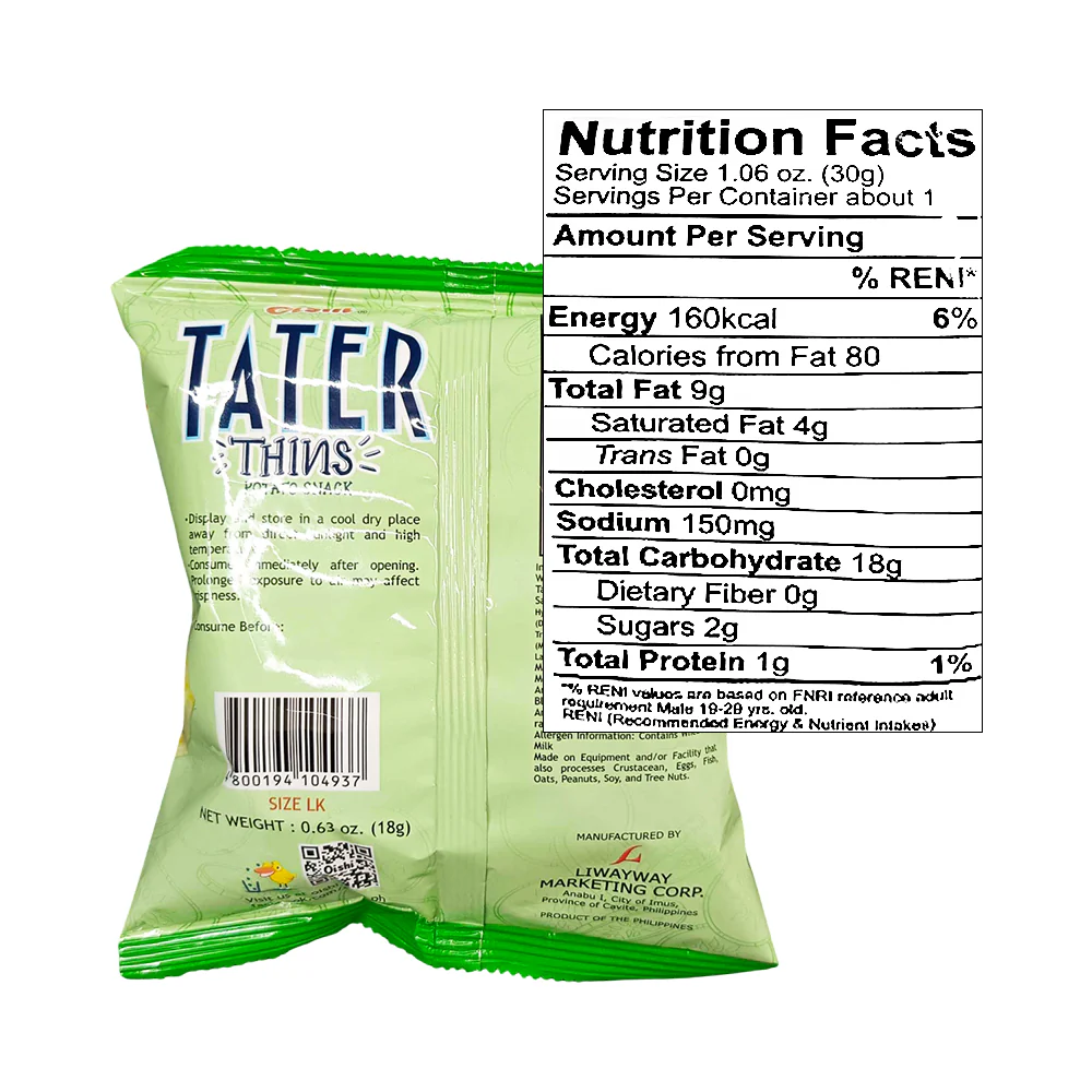Oishi Tater Thins Cucumber Flavor Potato Snack 18g - Image 2