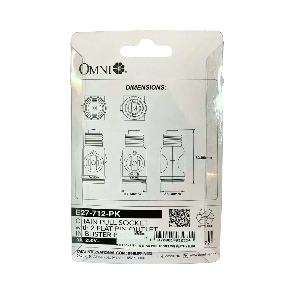 Omni E27-712-PK Chain Pull Socket with 2-Flat Pin Outlets - Image 2