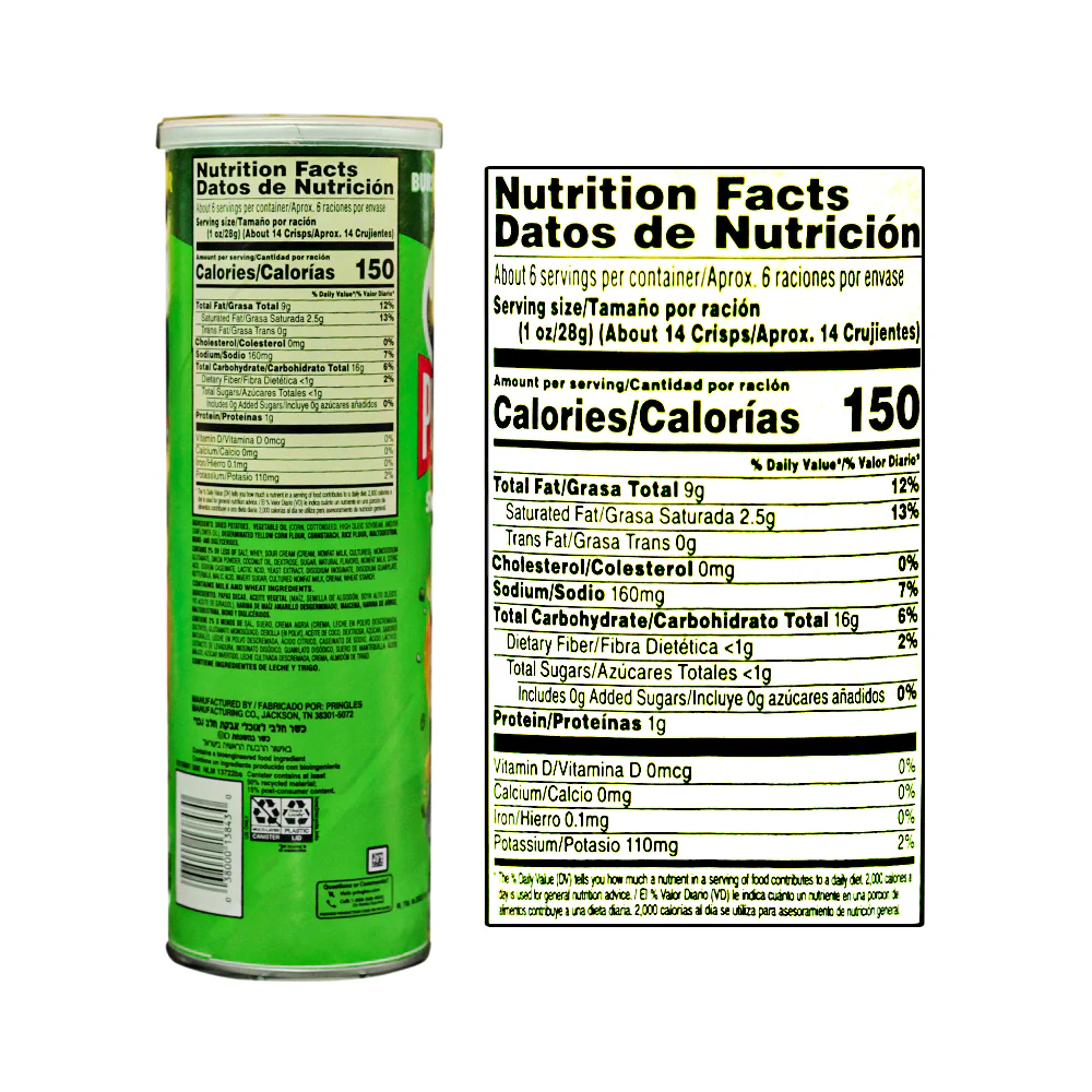 Pringles Potato Crisps Sour Cream And Onion 158g (5.5oz) - Image 2
