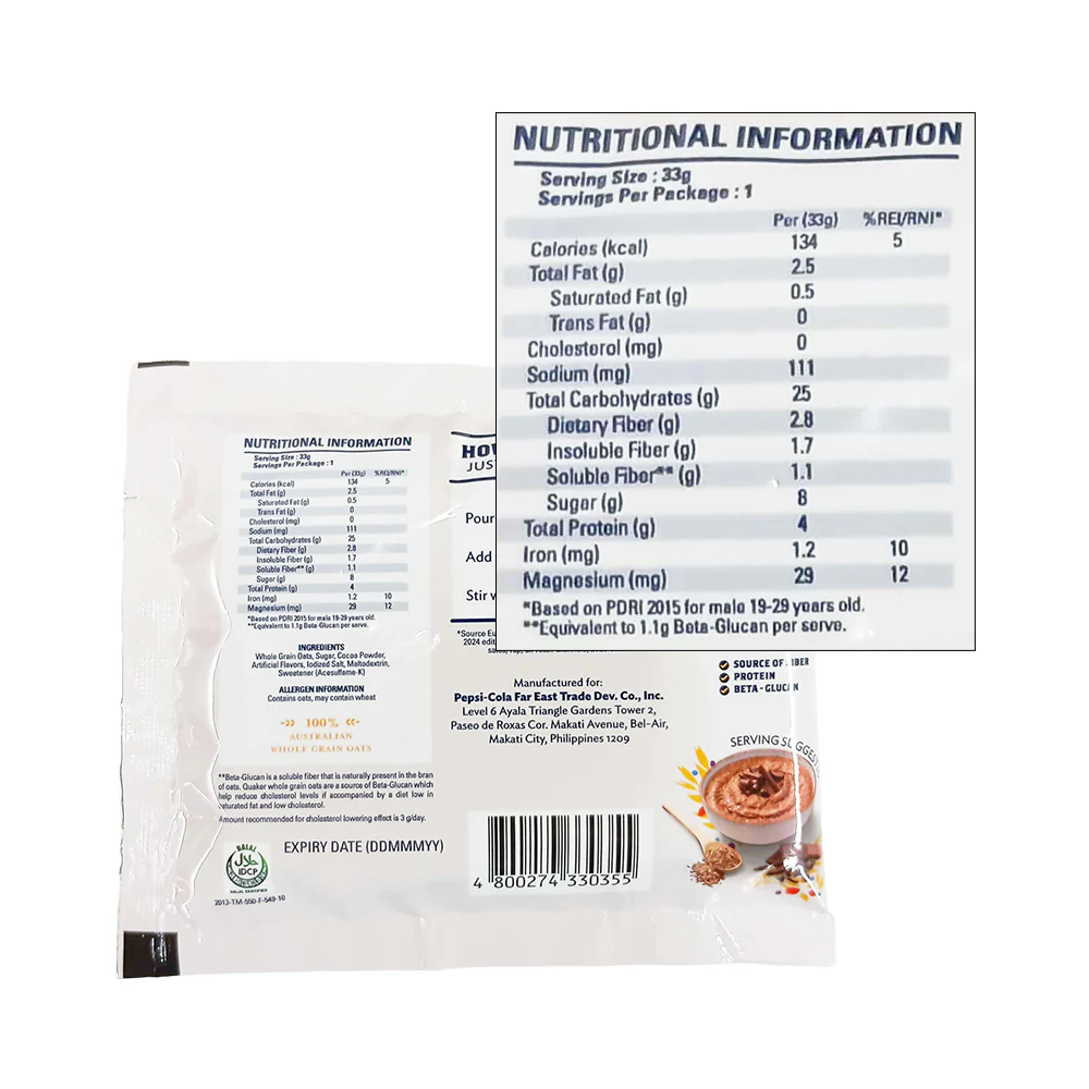 Quaker Chocolate Instant Oatmeal 33g - Image 2