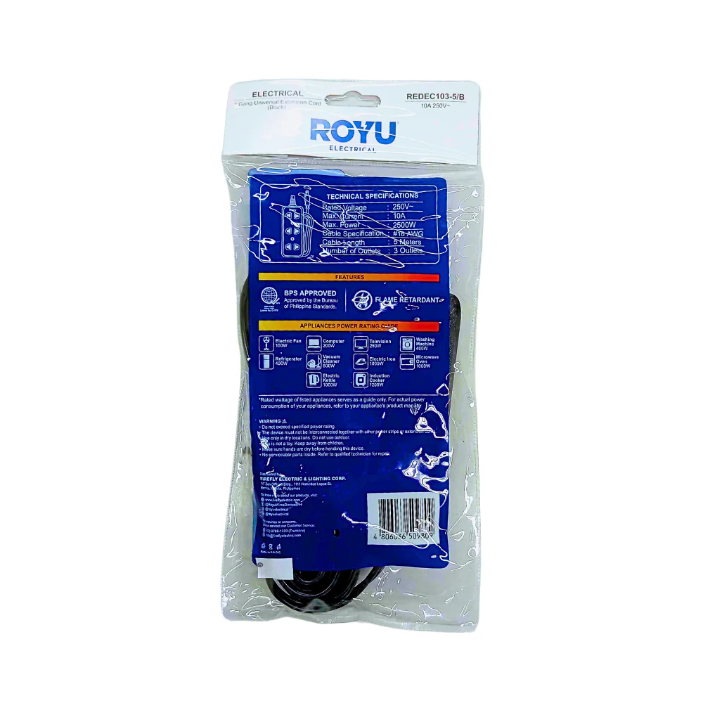 Royu 3-Gang Extension Cord Black 5 Meters - Image 2