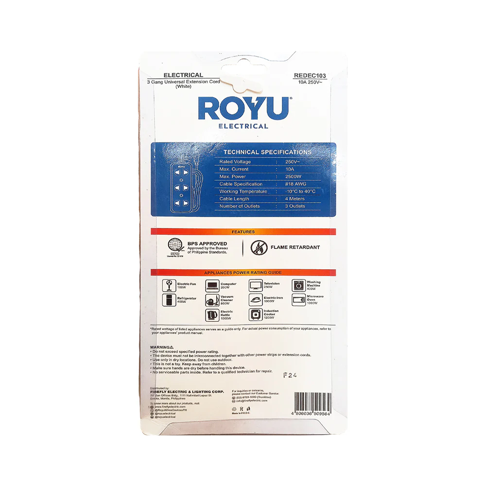 Royu 3-Gang Extension Cord White 4 Meters - Image 2