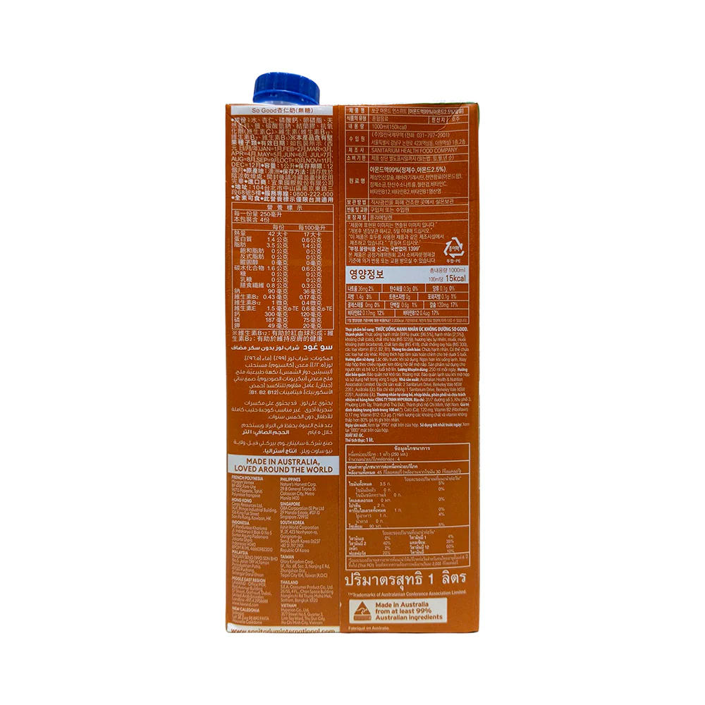 So Good Milk Almond Unsweetened 1L - Image 2