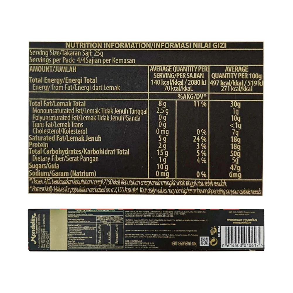 Toblerone Dark Chocolate Bittersweet With Honey And Almond 100g - Image 2