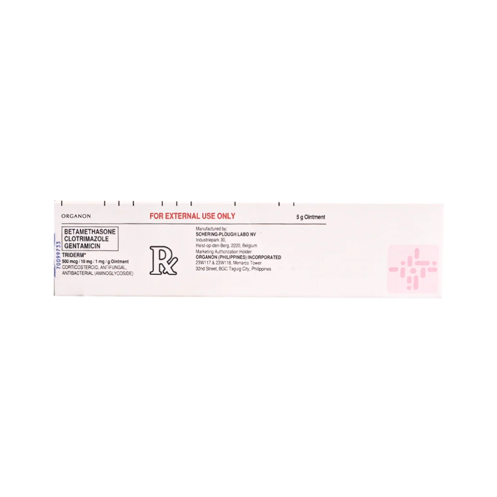 Triderm Betamethasone 500mcg/10mg/1mg/g Ointment 5g - Image 2