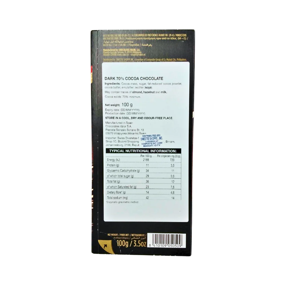 Valor Chocolate Premium Bar 70% Dark Chocolate 100g - Image 2