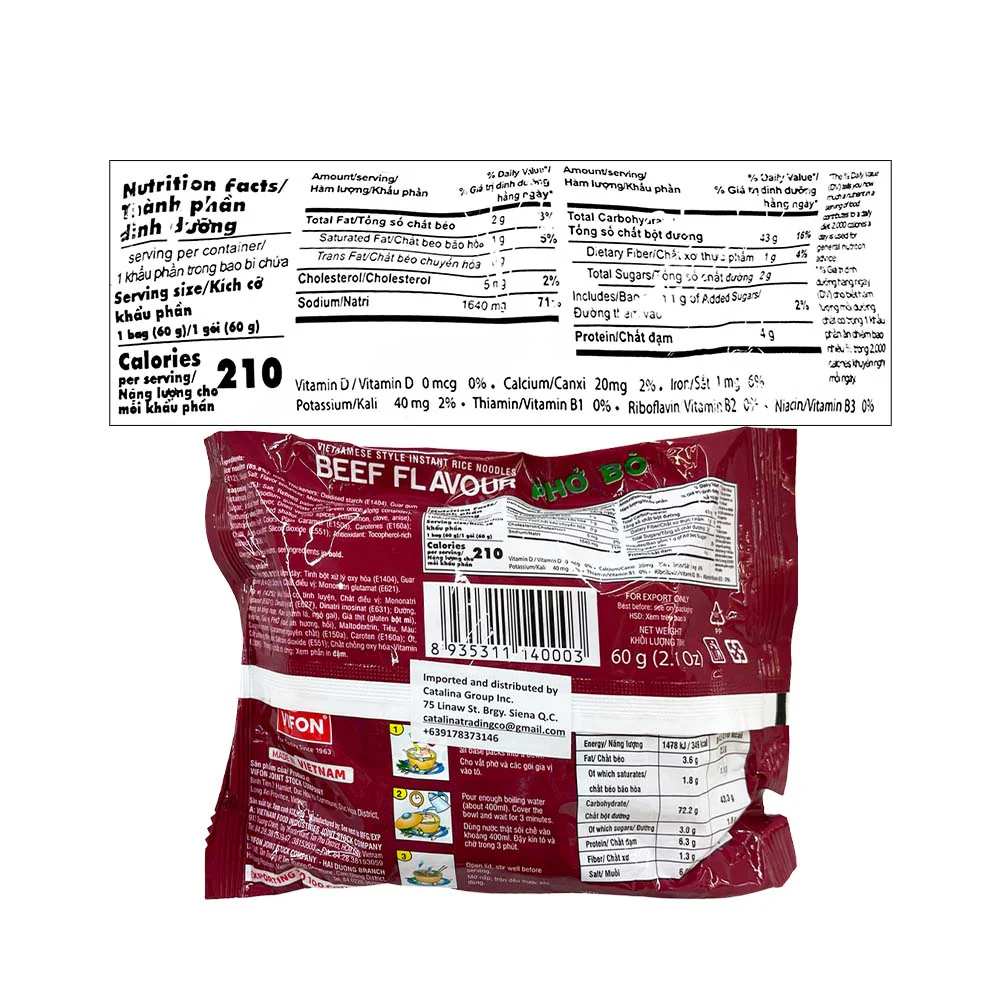 Vifon Vietnamese Style Rice Noodles Beef Flavor Pho Bo 60g - Image 2